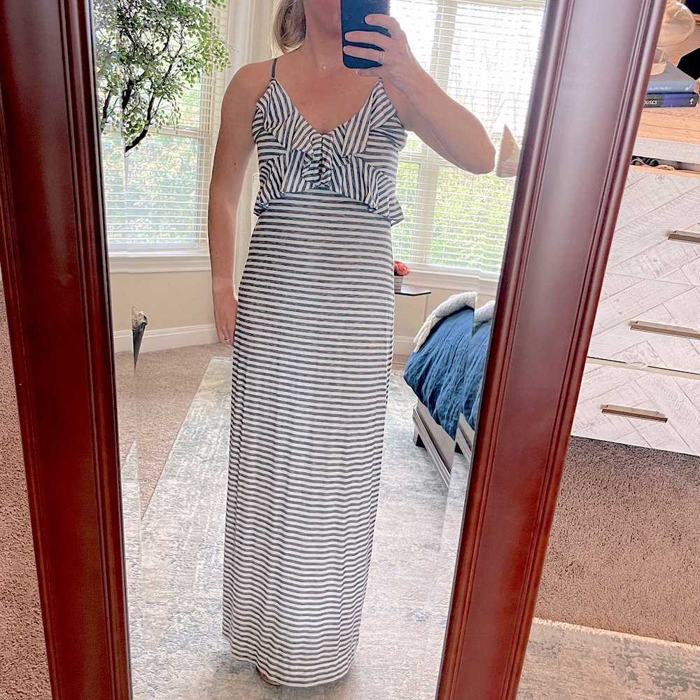 NWT Max Studio Slate Blue and White striped ruffled maxi dress - size S